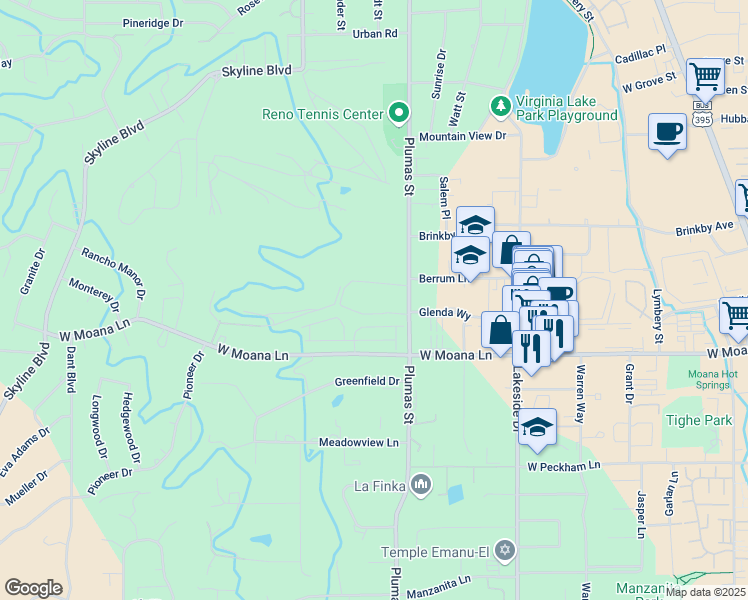 map of restaurants, bars, coffee shops, grocery stores, and more near 3101 Plumas Street in Reno