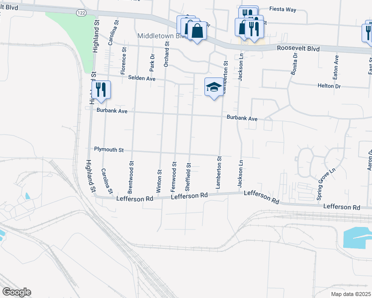 map of restaurants, bars, coffee shops, grocery stores, and more near 2012 Sheffield Street in Middletown