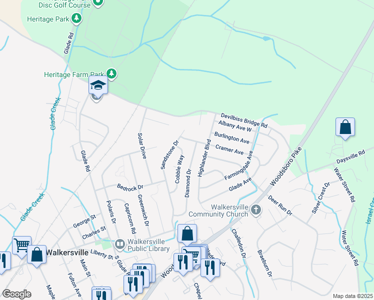 map of restaurants, bars, coffee shops, grocery stores, and more near 228 Cobble Way in Walkersville