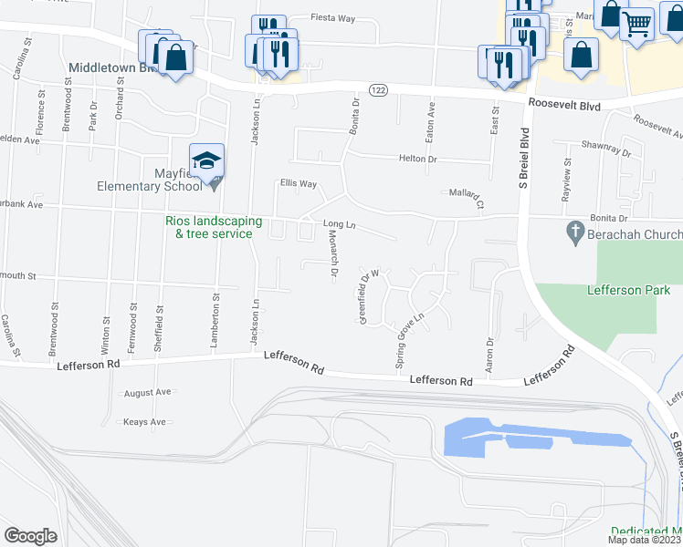 map of restaurants, bars, coffee shops, grocery stores, and more near 2013 Monarch Drive in Middletown