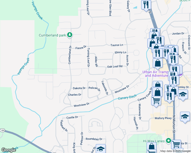 map of restaurants, bars, coffee shops, grocery stores, and more near 1194 Oak Leaf Road in Franklin