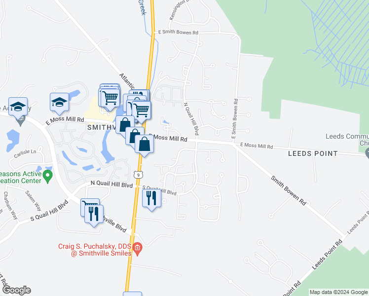 map of restaurants, bars, coffee shops, grocery stores, and more near 100 Pheasant Meadow Drive in Galloway