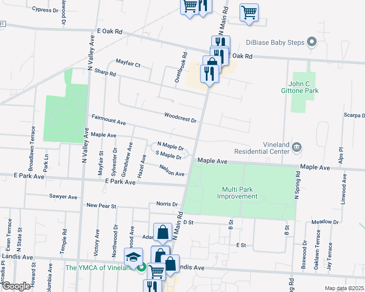map of restaurants, bars, coffee shops, grocery stores, and more near 1189 Fairmount Avenue in Vineland