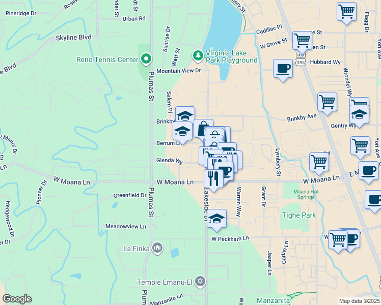 map of restaurants, bars, coffee shops, grocery stores, and more near 1032 Berrum Lane in Reno