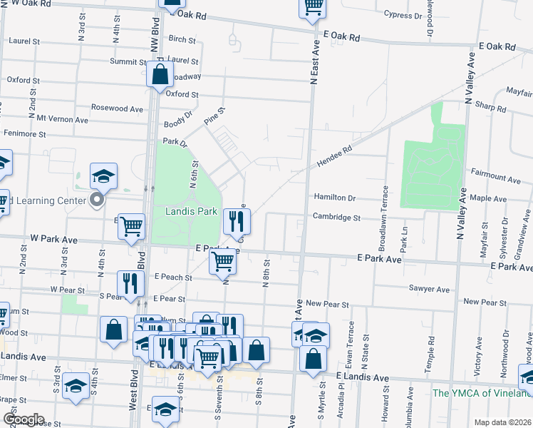 map of restaurants, bars, coffee shops, grocery stores, and more near Cambridge Street in Vineland