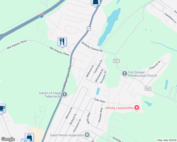 map of restaurants, bars, coffee shops, grocery stores, and more near 105 MIdnoon Drive in Martinsburg