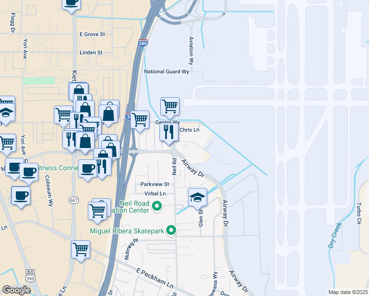 map of restaurants, bars, coffee shops, grocery stores, and more near 1380 Riley Avenue in Reno