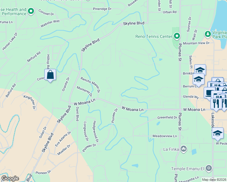 map of restaurants, bars, coffee shops, grocery stores, and more near 100 Moore Lane in Reno