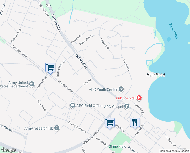 map of restaurants, bars, coffee shops, grocery stores, and more near 2658 Chesapeake Avenue in Aberdeen Proving Ground