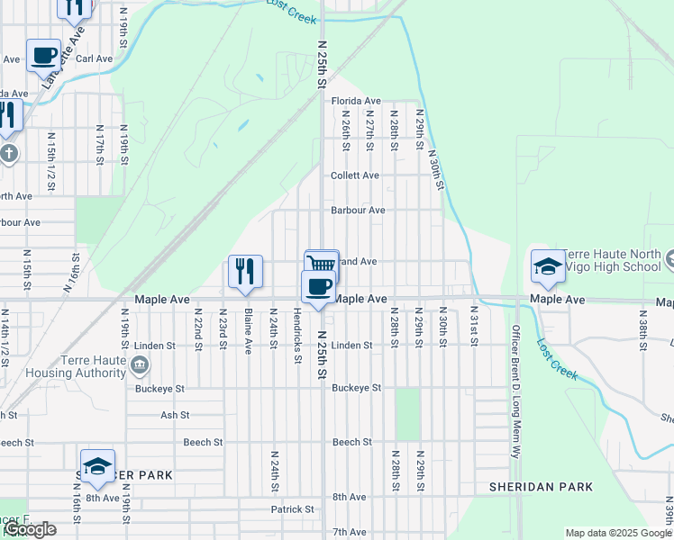 map of restaurants, bars, coffee shops, grocery stores, and more near 2501-2599 Grand Avenue in Terre Haute
