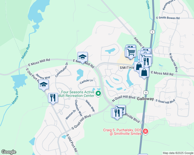 map of restaurants, bars, coffee shops, grocery stores, and more near 573 Carlisle Lane in Galloway