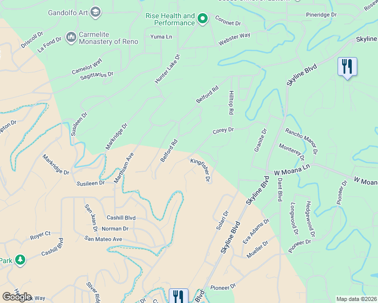 map of restaurants, bars, coffee shops, grocery stores, and more near 3321 Corey Drive in Reno