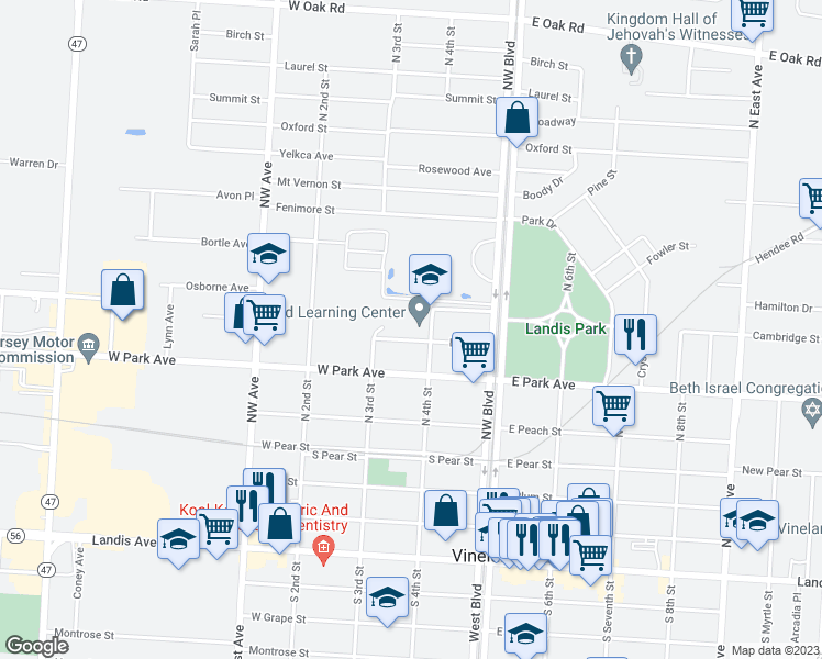 map of restaurants, bars, coffee shops, grocery stores, and more near 518 North 4th Street in Vineland