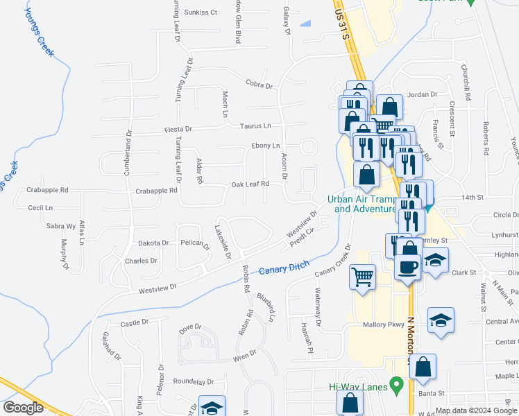 map of restaurants, bars, coffee shops, grocery stores, and more near 1528 Black Oak Court in Franklin
