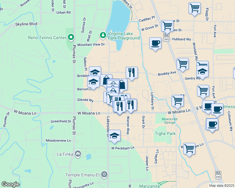 map of restaurants, bars, coffee shops, grocery stores, and more near 3376 Lakeside Drive in Reno