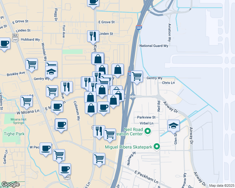 map of restaurants, bars, coffee shops, grocery stores, and more near 795 East Moana Lane in Reno