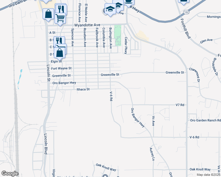 map of restaurants, bars, coffee shops, grocery stores, and more near 4149 Burlington Avenue in Oroville