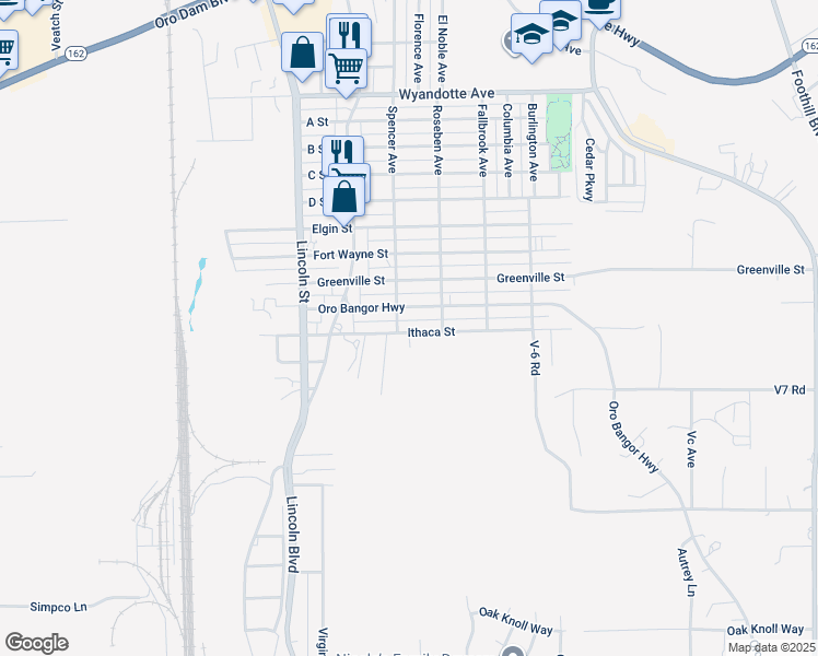 map of restaurants, bars, coffee shops, grocery stores, and more near 2256 Ithaca Street in Oroville