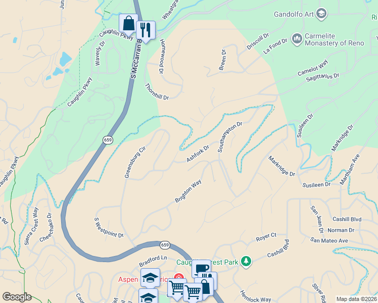 map of restaurants, bars, coffee shops, grocery stores, and more near 3575 Ashfork Drive in Reno