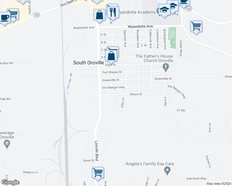 map of restaurants, bars, coffee shops, grocery stores, and more near 2115 Oro Bangor Highway in Oroville