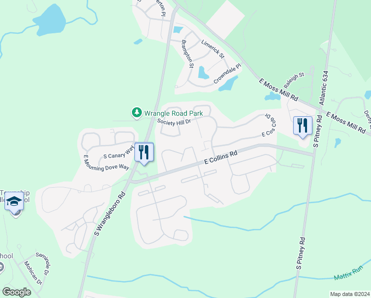 map of restaurants, bars, coffee shops, grocery stores, and more near 40 Cherokee Drive in Galloway