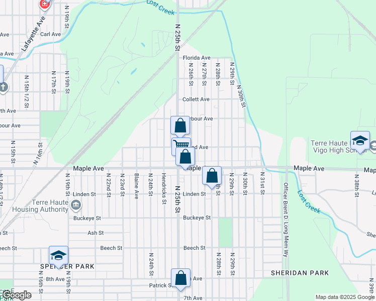 map of restaurants, bars, coffee shops, grocery stores, and more near 2501-2599 Grand Avenue in Terre Haute