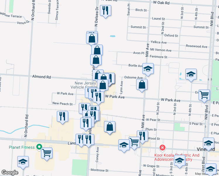 map of restaurants, bars, coffee shops, grocery stores, and more near 20 West Park Avenue in Vineland