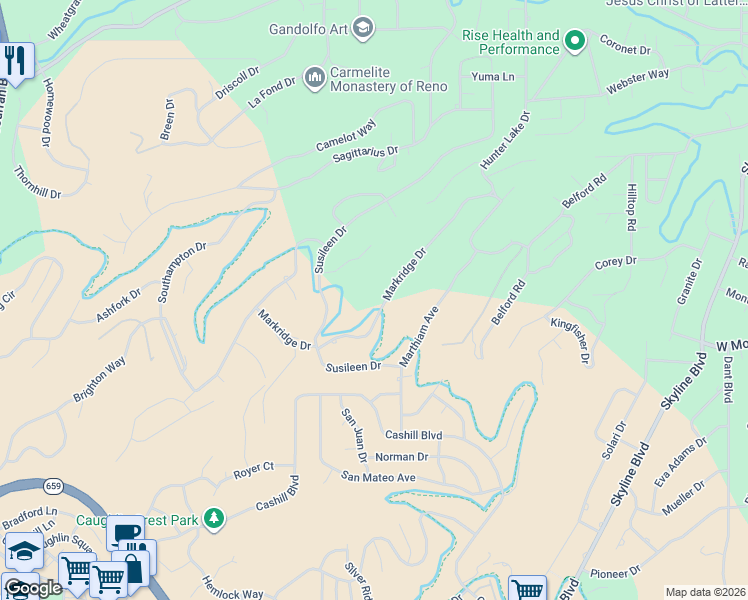 map of restaurants, bars, coffee shops, grocery stores, and more near 3065 Markridge Drive in Reno