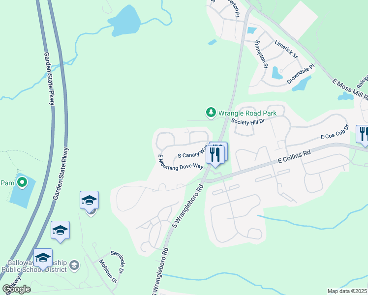 map of restaurants, bars, coffee shops, grocery stores, and more near 128 East Mourning Dove Way in Galloway