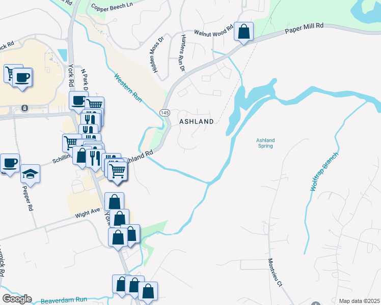 map of restaurants, bars, coffee shops, grocery stores, and more near 40 Iron Mill Garth in Cockeysville