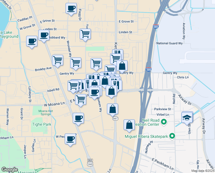 map of restaurants, bars, coffee shops, grocery stores, and more near 581 East Moana Lane in Reno