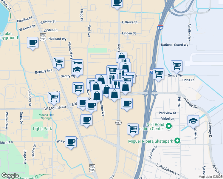 map of restaurants, bars, coffee shops, grocery stores, and more near 581 East Moana Lane in Reno