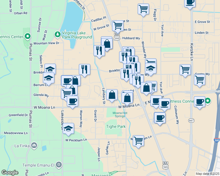 map of restaurants, bars, coffee shops, grocery stores, and more near 3295 South Virginia Street in Reno