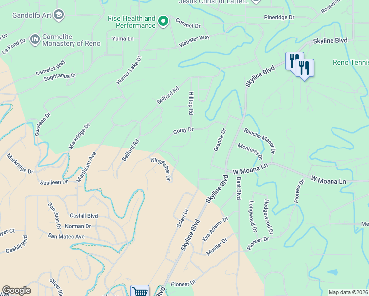 map of restaurants, bars, coffee shops, grocery stores, and more near 1450 Popinjay Drive in Reno
