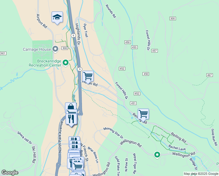 map of restaurants, bars, coffee shops, grocery stores, and more near 235 Huron Road in Breckenridge