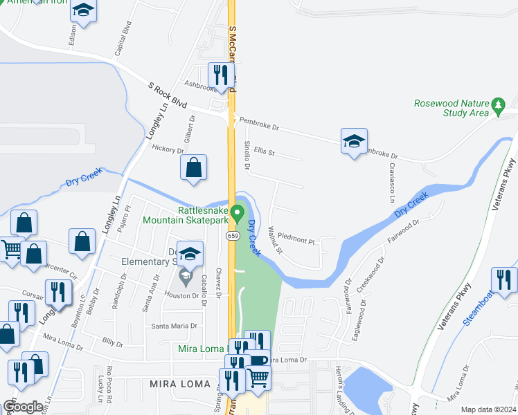 map of restaurants, bars, coffee shops, grocery stores, and more near 2320 Walnut Street in Reno