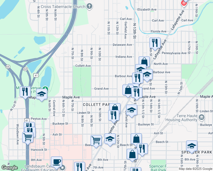 map of restaurants, bars, coffee shops, grocery stores, and more near 2210 North 11th Street in Terre Haute