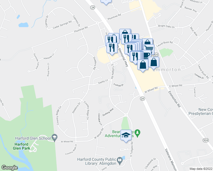 map of restaurants, bars, coffee shops, grocery stores, and more near 2314 Darby Court in Bel Air