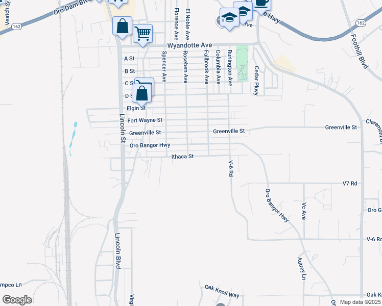 map of restaurants, bars, coffee shops, grocery stores, and more near 3975 Roseben Avenue in Oroville