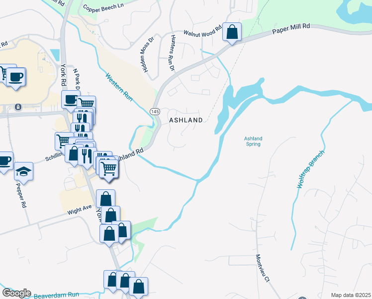 map of restaurants, bars, coffee shops, grocery stores, and more near 48 Iron Mill Garth in Cockeysville