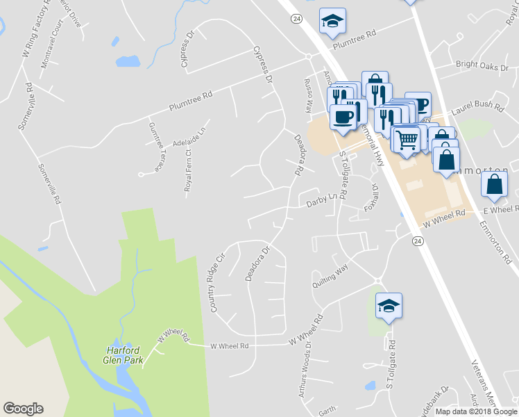 map of restaurants, bars, coffee shops, grocery stores, and more near 438 Darby Lane in Bel Air