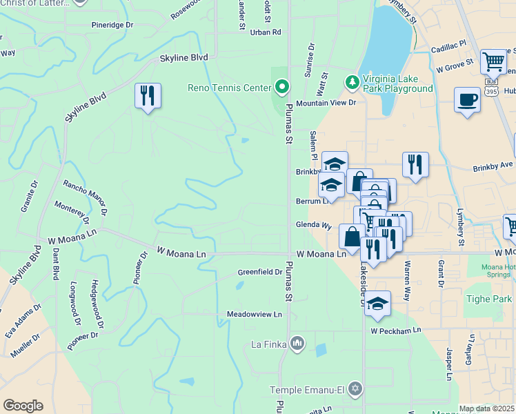 map of restaurants, bars, coffee shops, grocery stores, and more near 3201 Plumas Street in Reno