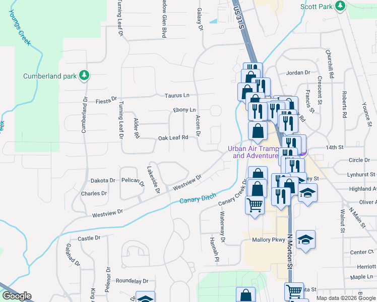 map of restaurants, bars, coffee shops, grocery stores, and more near 1545 Black Oak Court in Franklin