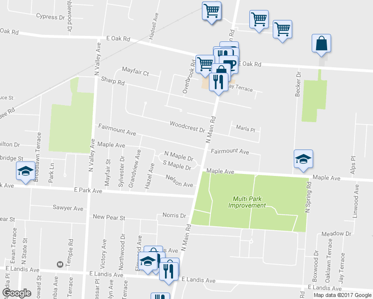map of restaurants, bars, coffee shops, grocery stores, and more near 1189 Fairmount Avenue in Vineland