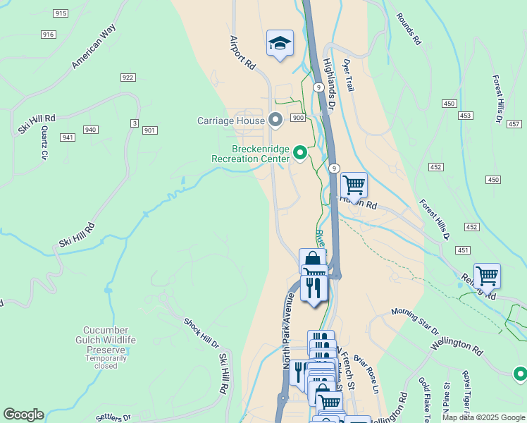 map of restaurants, bars, coffee shops, grocery stores, and more near 837 Airport Road in Breckenridge