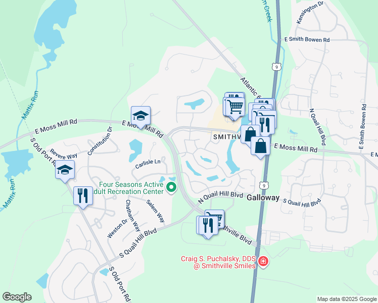 map of restaurants, bars, coffee shops, grocery stores, and more near 600 East Lake Front Circle in Galloway