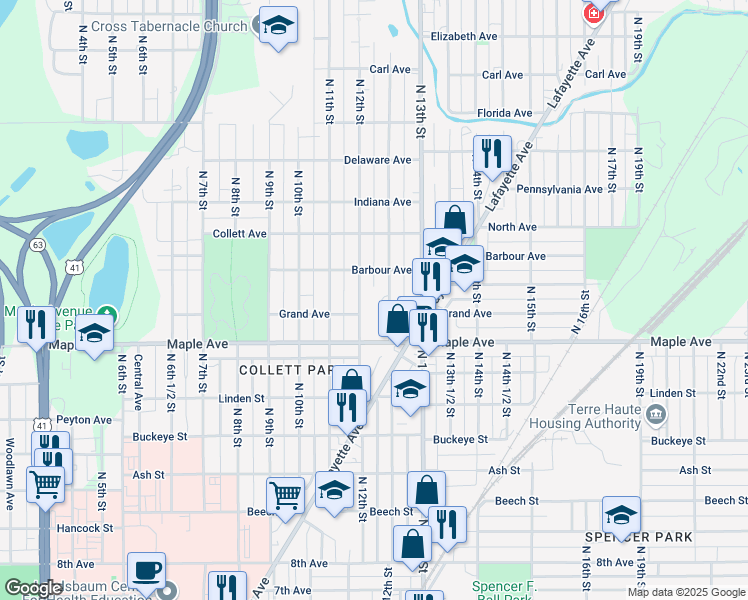 map of restaurants, bars, coffee shops, grocery stores, and more near 2210 North 12th Street in Terre Haute