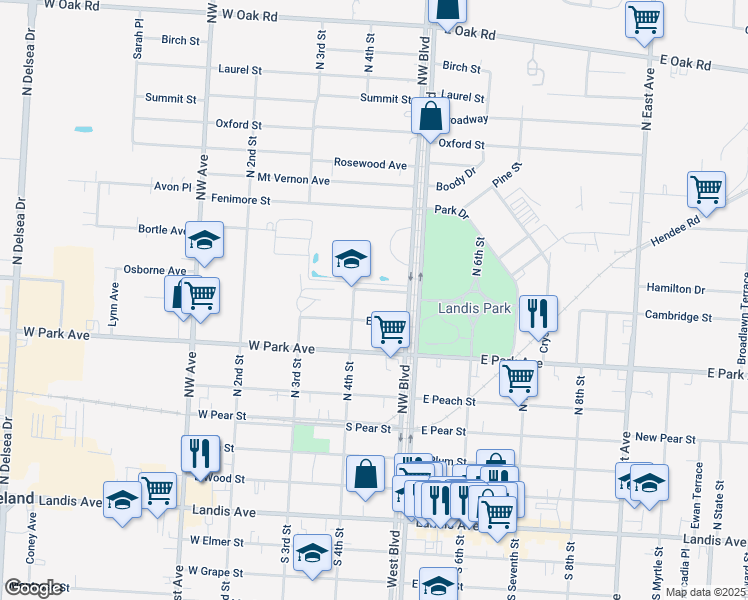 map of restaurants, bars, coffee shops, grocery stores, and more near 411 Lafrance Street in Vineland