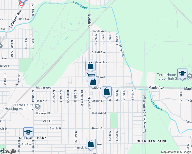 map of restaurants, bars, coffee shops, grocery stores, and more near 2599 Grand Avenue in Terre Haute