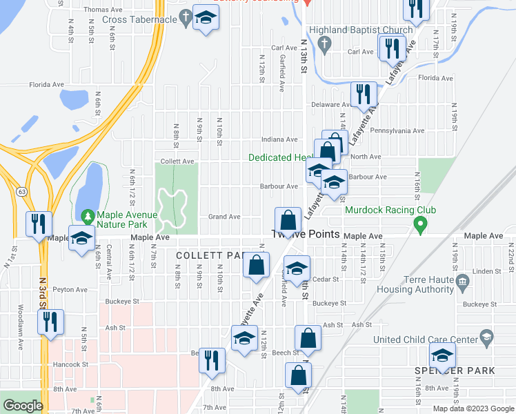 map of restaurants, bars, coffee shops, grocery stores, and more near 2210 North 12th Street in Terre Haute
